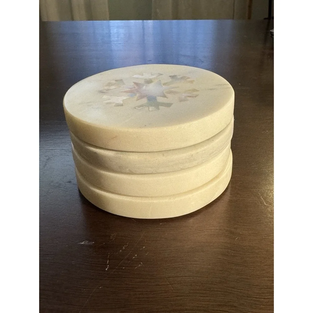 Marble Coasters - Mother of Pearl Snowflake Inlay - Set of 4 Christmas Holiday